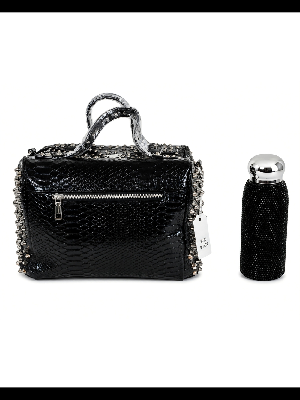 Brand New Black Studded Satchel Bag with Tassel & Black Sequined Flask - Picture 2 of 8